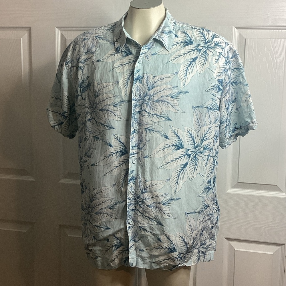 Havanera Hawaiian Men's Blue Leaf Print Shirt Linen Blend XL